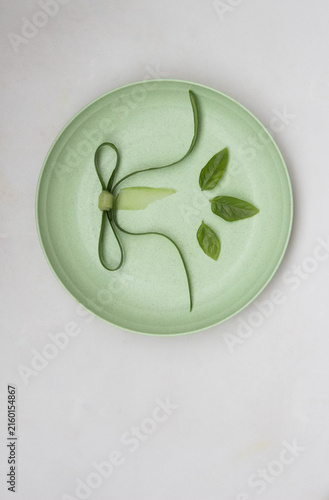 Green vegetable peel ribbons of cucmber in the form of a bow pattern on a flat plate. Basel leaves for garnish. Top view.