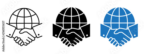 Global Business Partnership Icon Set Symbolizing Handshake, Globe Grid, International Deal, Foreign Investment, and Worldwide Collaboration
