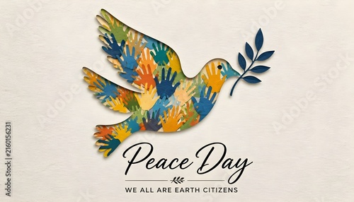 International Peace Day illustration. Paper cut dove bird shape and colorful hands from different cultures helping each other for community help, social peace concept.