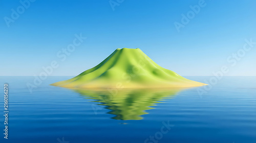 Minimalist green volcanic island floating amidst calm blue ocean waters under clear bright summer sky with reflected perfectly serene water under cloudless sky