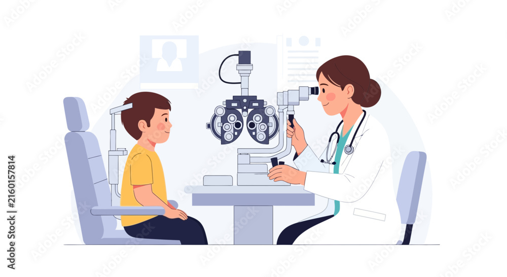 Obraz premium Optometrist examining child's eyes with ophthalmoscope in clinic, isolated