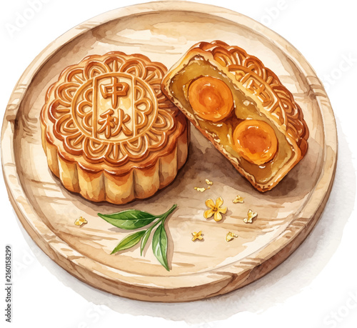 Mooncakes with salted egg yolks rest on a wooden tray for Mid-Autumn Festival celebration.