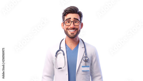 Smiling male doctor cartoon character wearing a white coat and stethoscope