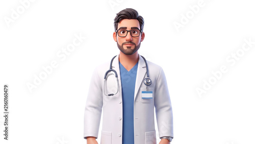 Male doctor cartoon character wearing a white lab coat and stethoscope, representing healthcare