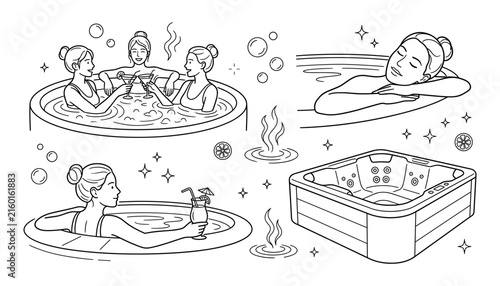 Hot Tub Spa and Jacuzzi Relaxation Icon Set with Women Friends Toasting Bathing and Outdoor Whirlpool Tub Symbols for Wellness Resorts Salon Apps Marketing Flyers and Leisure Graphic Designs