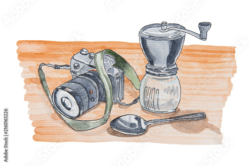 Camera, coffee grinder and spoon on wooden table Still Life Watercolor Illustration