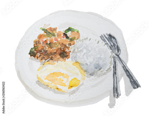 Hand Drawn Watercolor Illustration of Thai Stir-Fried Minced Pork with Holy Basil and Fried Egg over Rice
