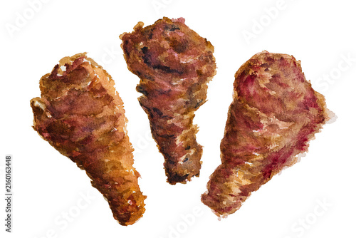 Korean Spicy Fried Chicken Drumsticks Watercolor Illustration