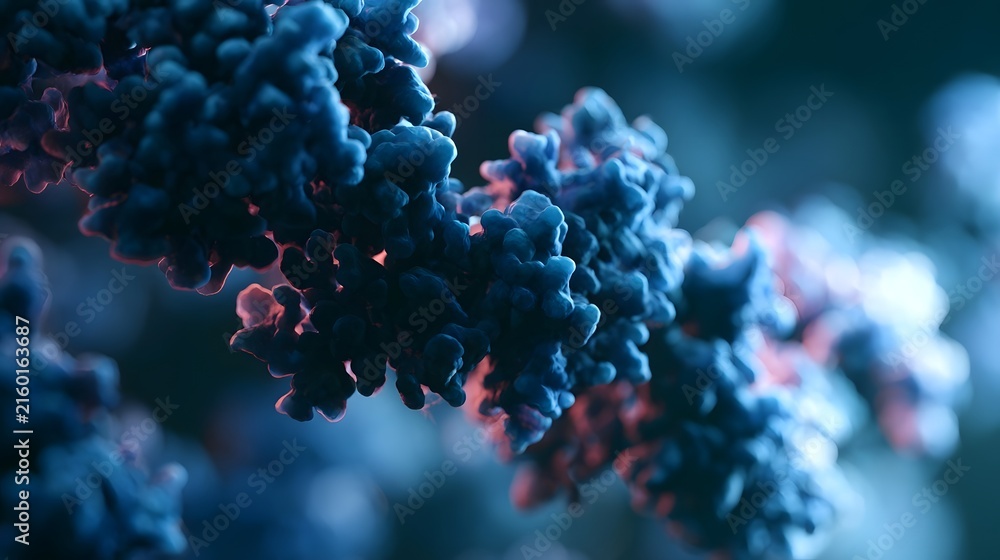 Fototapeta premium Abstract blue and pink glowing clusters form an intricate organic structure against a softly blurred background