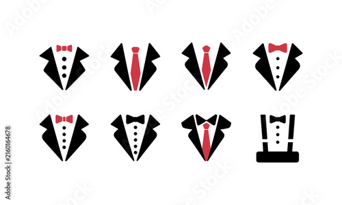 Gentleman tuxedo suit jacket and necktie vector icon set, elegant male wedding clothes isolated on white background