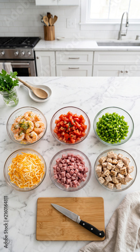 Mise en place cooking ingredients with shrimp, chicken, ham, cheese, and vegetables on marble kitchen island