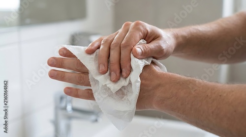 Man drying hands with white paper towel in bathroom