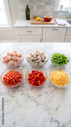 Mise en place cooking ingredients with chicken, raw shrimp, chopped peppers, tomatoes, and cheese on marble counter