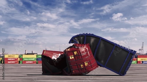 Global trade containers crushing in violent collision. slow motion