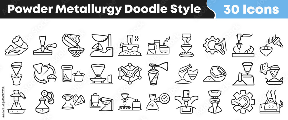 Fototapeta premium Powder metallurgy collection featuring thirty distinct hand drawn industrial icons set