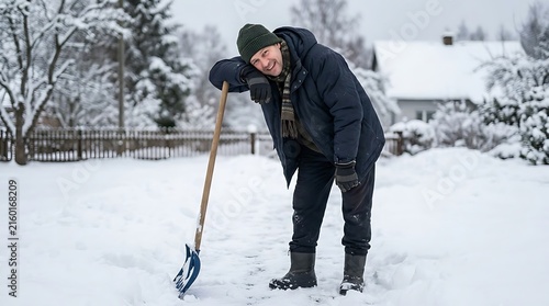 Happy man leaning on a snow shovel in a winter yard