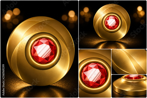 Golden Abstract Circle Design with Red Gemstone, Luxury Metallic 3D Rendering