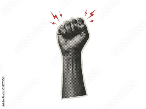 Canvastavla Raised clenched fist in black and white halftone style with red lightning bolts,