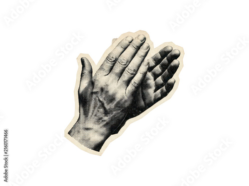 Two hands in a clapping gesture with halftone dots on a torn paper graphic, isolated on transparent background