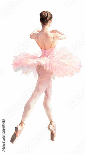 A beautiful ballet dancer practicing her graceful moves in a soft pink tutu, captured against a simple white backdrop