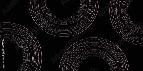 Black abstract background with elegant golden dotted circle lines decoration. Retro style luxury graphic design with sparkling golden lines elements for invitation, awards, gala, celebration. EPS. 3