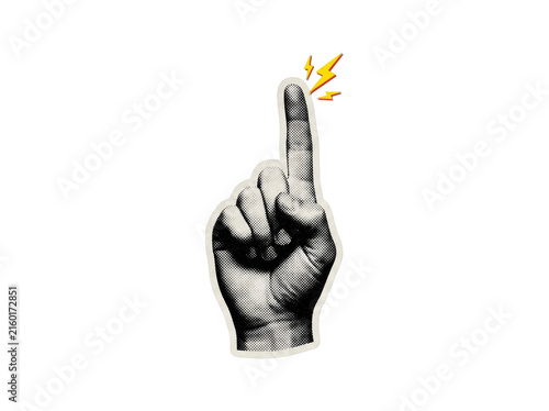 Hand pointing finger up with yellow lightning bolts and halftone pattern on transparent background