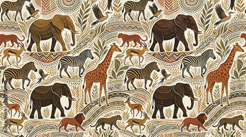 Tribal african savanna motif with elephants giraffes zebras and big cats for creative design projects.