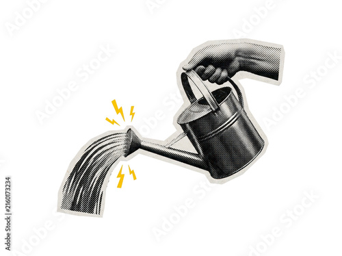Hand holding a metal watering can pouring water with yellow lightning bolts, in a halftone ripped paper style