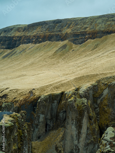 Dramatic basalt canyon and moss-covered cliffs in Iceland
