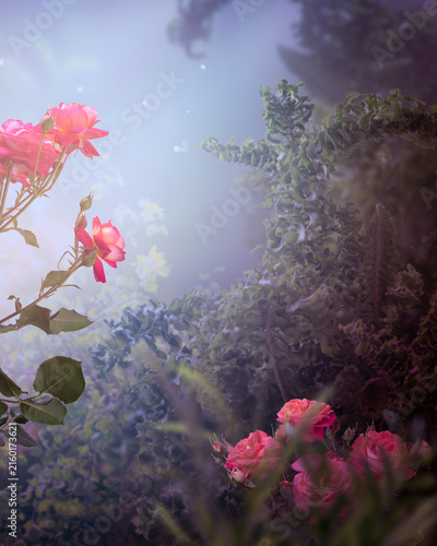 Fantasy vertical background with blooming pink rose flowers in fairy tale whimsy garden, fairytale glade wallpaper, magic tranquil misty landscape template, whimsical scene with copy space.