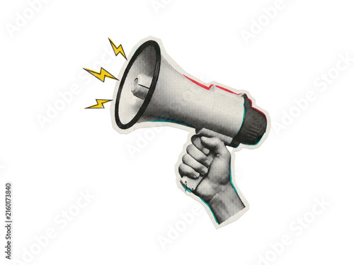 Hand holding a megaphone with halftone texture, yellow lightning bolts, and red cyan glitch effect