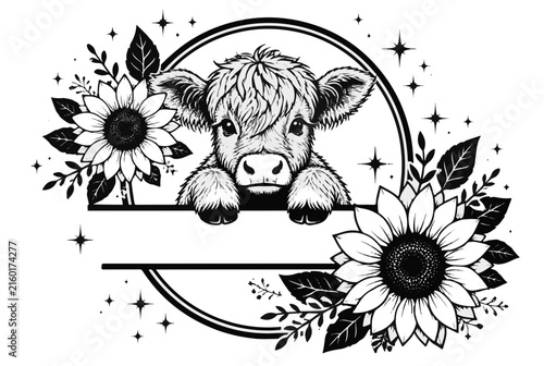 Cute Highland Calf with Sunflowers in Circular Frame Black and White Svg