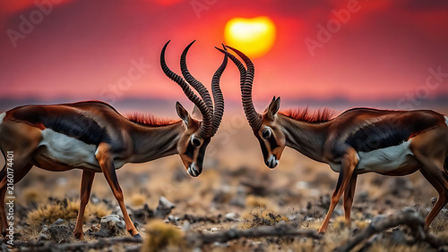 Two male antelopes lock horns in a standoff on a barren plain under dramatic sunset light.