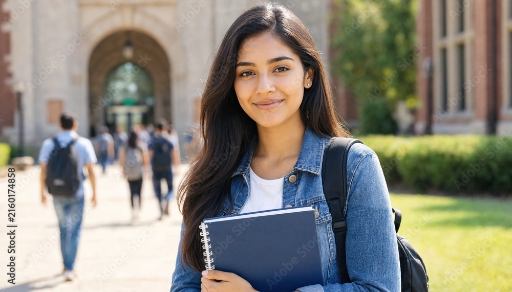 Fototapeta premium Indian university student holding books smiling on campus with blurred background