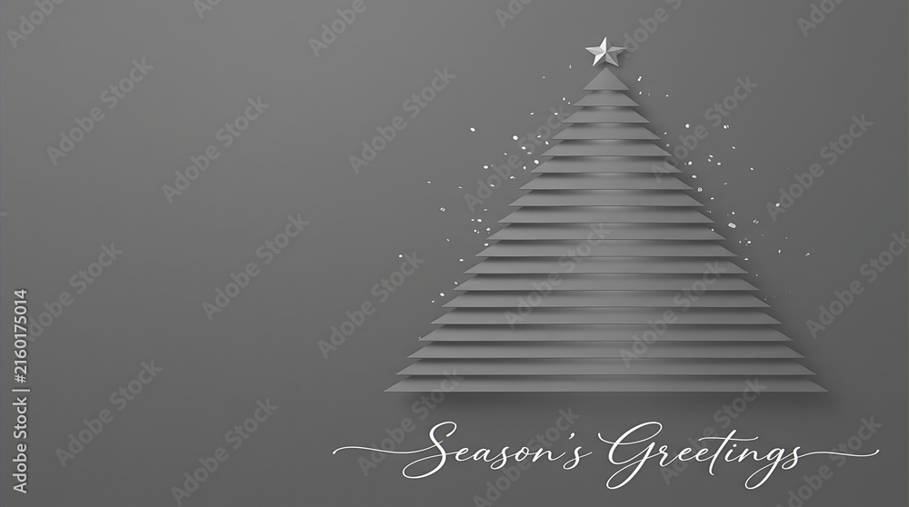 Fototapeta premium Minimalist geometric Christmas tree graphic with sparkles and the text 'Season’s Greetings' for holiday.