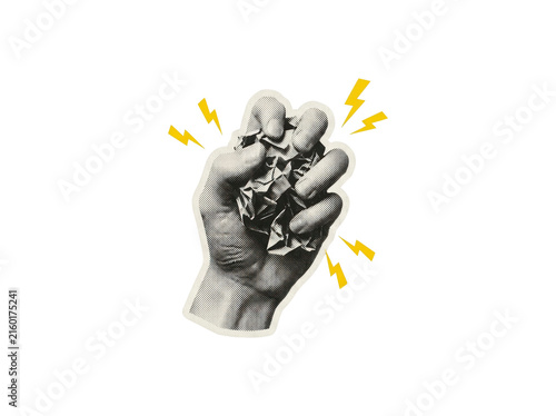 Fotografie Hand clenching a crumpled piece of paper in a halftone pop art style with yellow