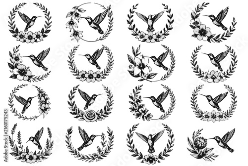 Set of 16 Black Ink Hummingbird Wreaths and Floral Borders
