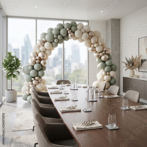 Balloon arch in modern corporate conference room setting