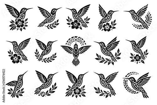 Black and White Hummingbird Vector Illustrations with Floral and Leaf Accents