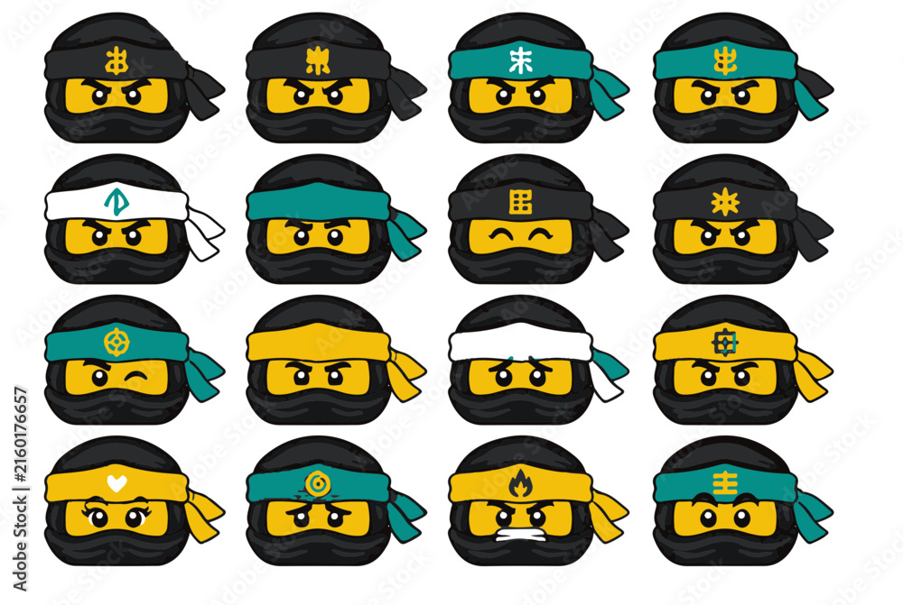 Fototapeta premium Collection of 16 Lego Ninja Masks with Symbols and Expressions