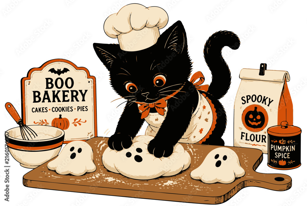 Fototapeta premium Cute Black Kitten Baker Kneading Dough with Ghost Cookies for Halloween