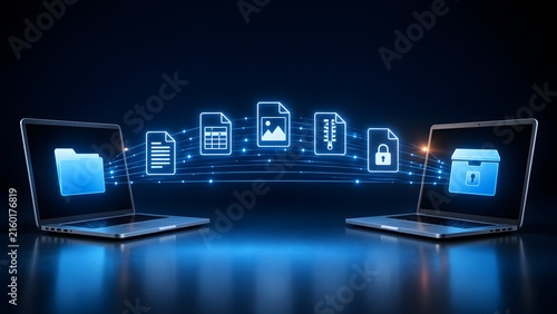 Laptops Exchanging Glowing Digital File Icons Concept of Secure Data Transfer and Cloud Synchronization