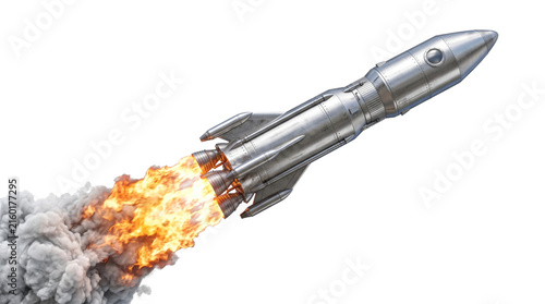 Silver rocket ship launching with fire and smoke isolated on transparent background png for space travel technology.