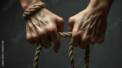Old ropes falling away from wrists, leaving faint marks on skin in soft light.