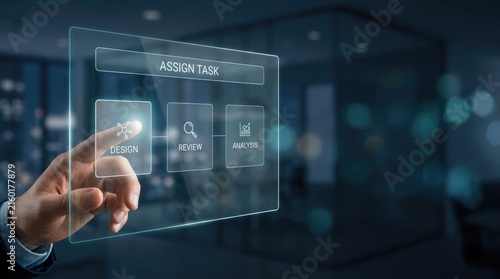 Hand touching digital assign task screen with design and review icons
