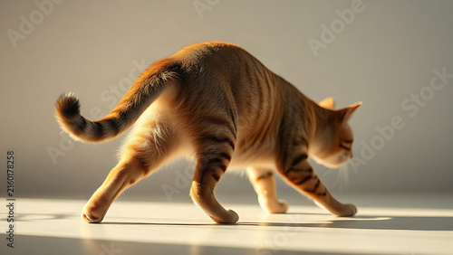 Graceful cat in a deep stretch, back forming a concave curve.