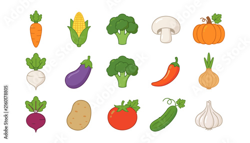 Cute Fresh Vegetable Vector Icon Set Featuring Carrot Corn Broccoli Pumpkin Eggplant Chili Tomato Cucumber and Garlic for Healthy Cooking and Diet Concepts