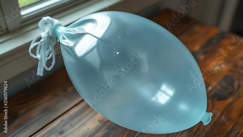 Overfilled translucent water balloon on wooden table, tension and fragility concept