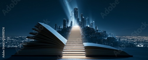 Continuous Learning Concept with Open Book Transforming into an Illuminated Staircase Toward a Futuristic City