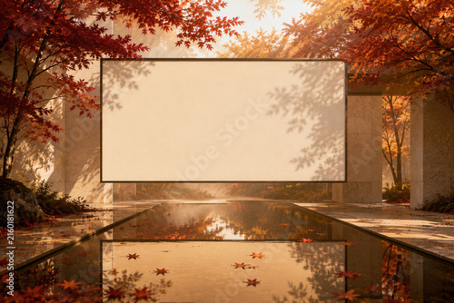 Autumn leaves frame a serene, empty billboard